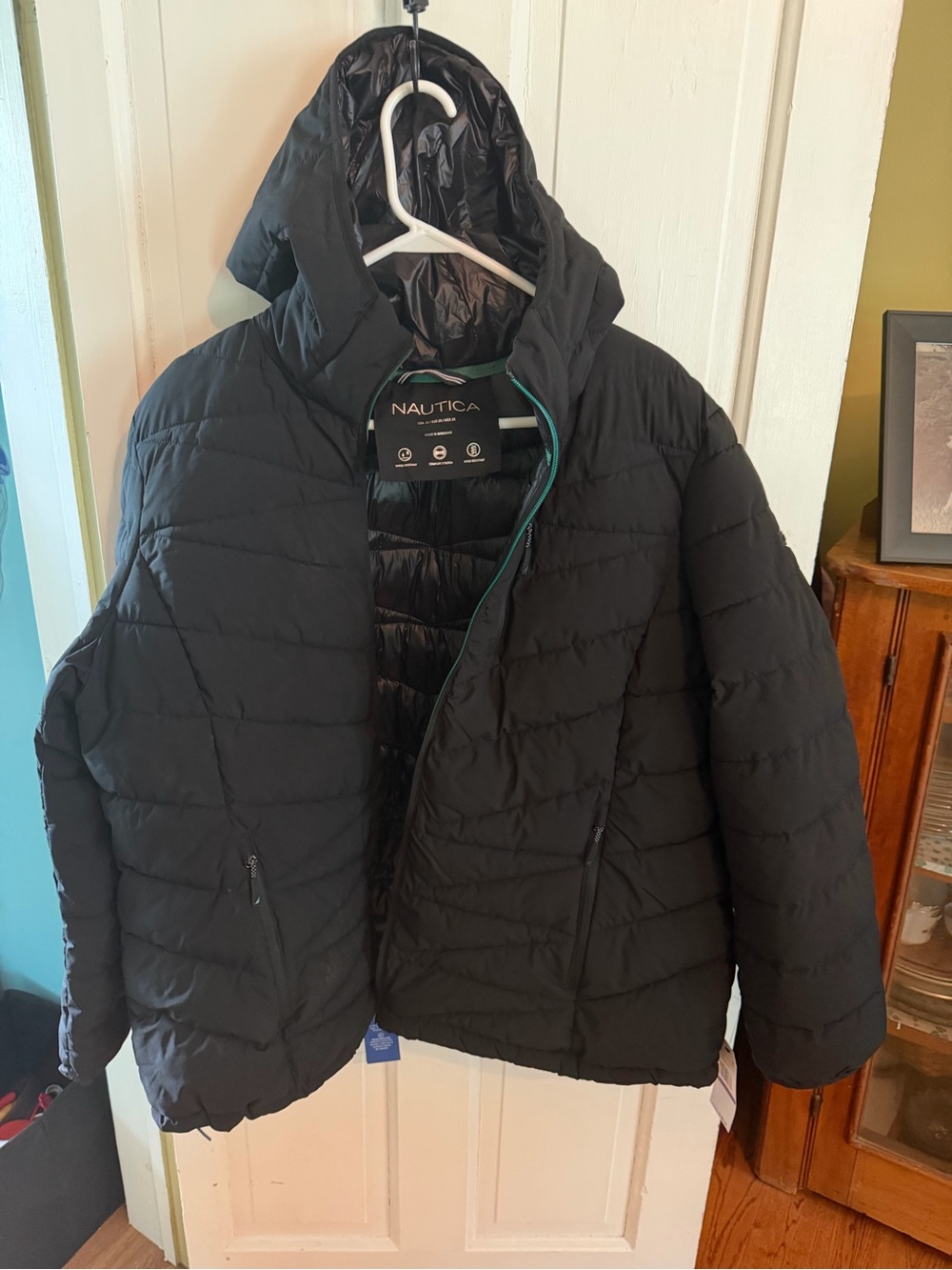 Nautica Black Quilted Jacket with Green Trim